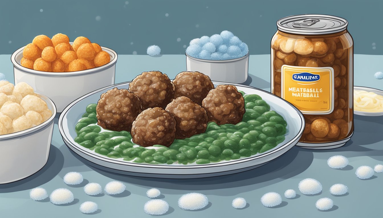 A plate of frozen and canned meatballs side by side, with the frozen ones covered in frost and the canned ones sitting in a pool of oily liquid