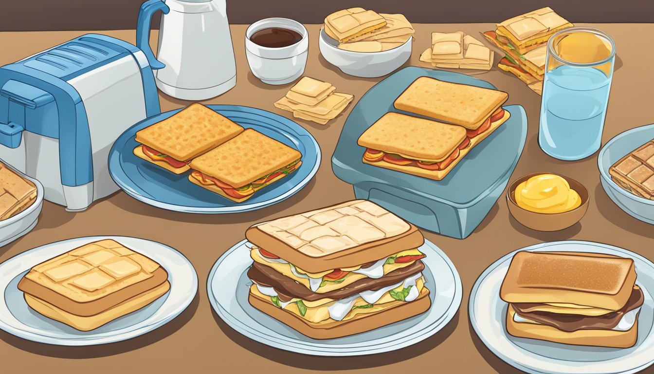 A table with a variety of frozen breakfast sandwiches and toaster pastries, arranged for comparison