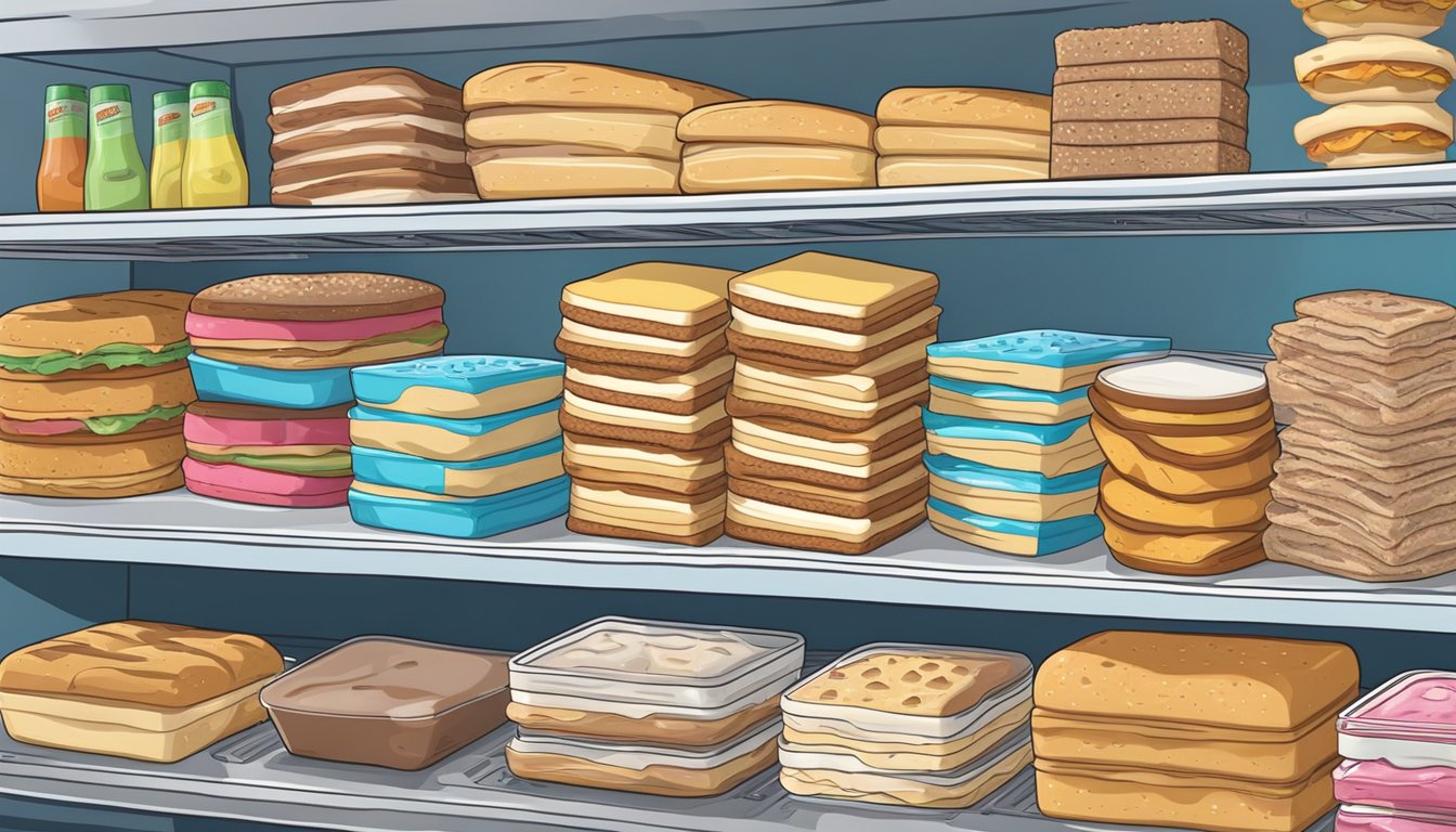 A freezer shelf filled with frozen breakfast sandwiches and a pantry shelf stocked with toaster pastries