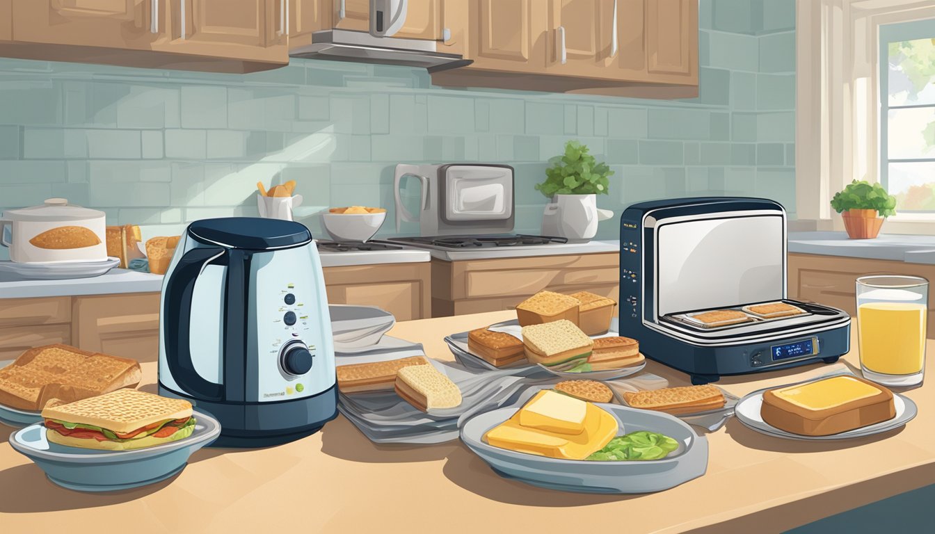 A kitchen counter with a toaster, microwave, and a variety of frozen breakfast sandwiches and toaster pastries laid out for comparison