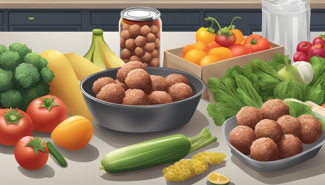 A kitchen counter with a can of meatballs next to a bag of frozen meatballs, surrounded by various fruits and vegetables