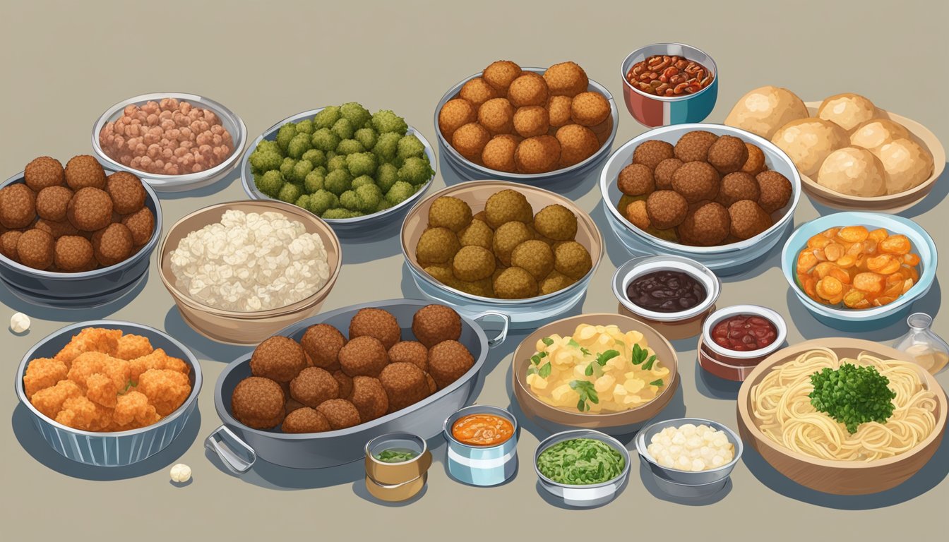 A table spread with various types of frozen and canned meatballs, surrounded by different cultural and regional food items