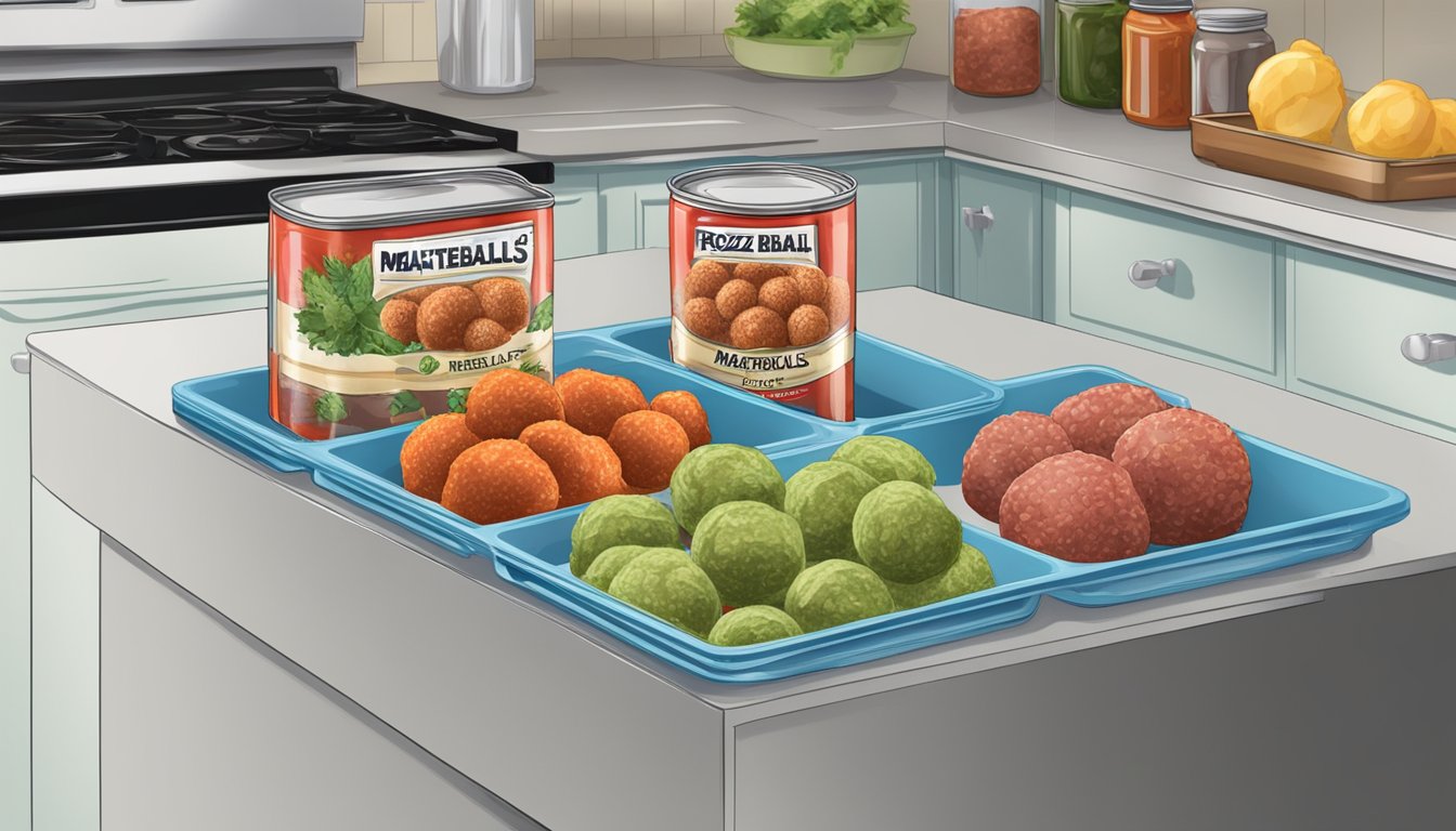 A kitchen counter with two open cans, one labeled "frozen meatballs" and the other labeled "canned meatballs."