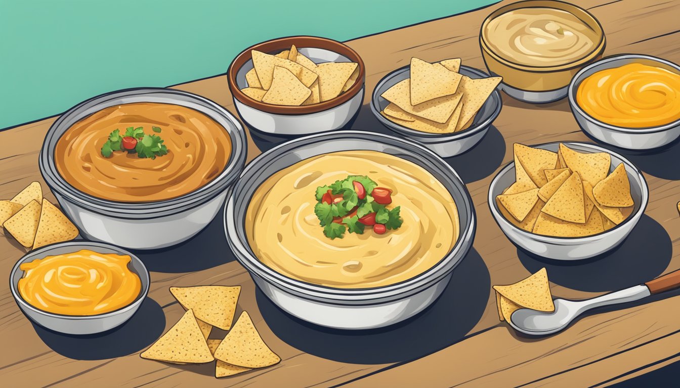 A table with a variety of canned nacho cheese sauce and jarred queso dip, surrounded by tortilla chips and colorful dipping bowls