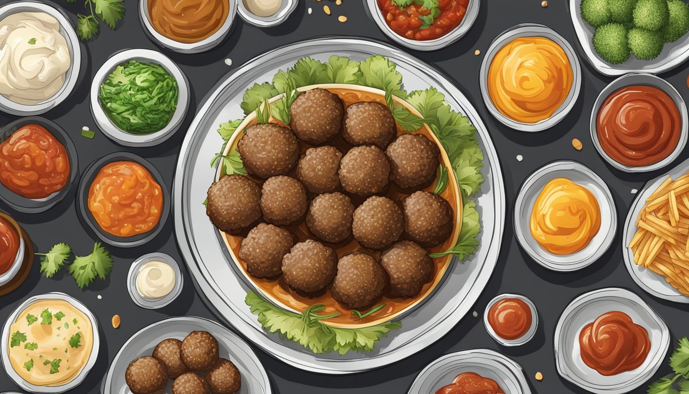 A plate of frozen meatballs with a variety of sauces and sides arranged around them