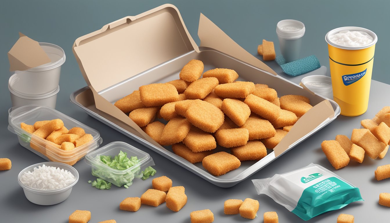 A pile of frozen fish sticks and chicken nuggets on a plastic tray, surrounded by empty packaging and trash