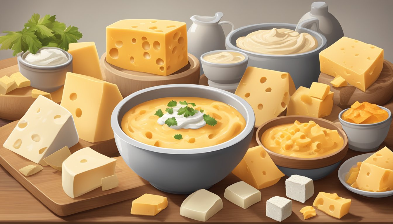 A bubbling pot of queso dip with chunks of cheddar, Monterey Jack, and cream cheese melting together, surrounded by bowls of various types of cheese