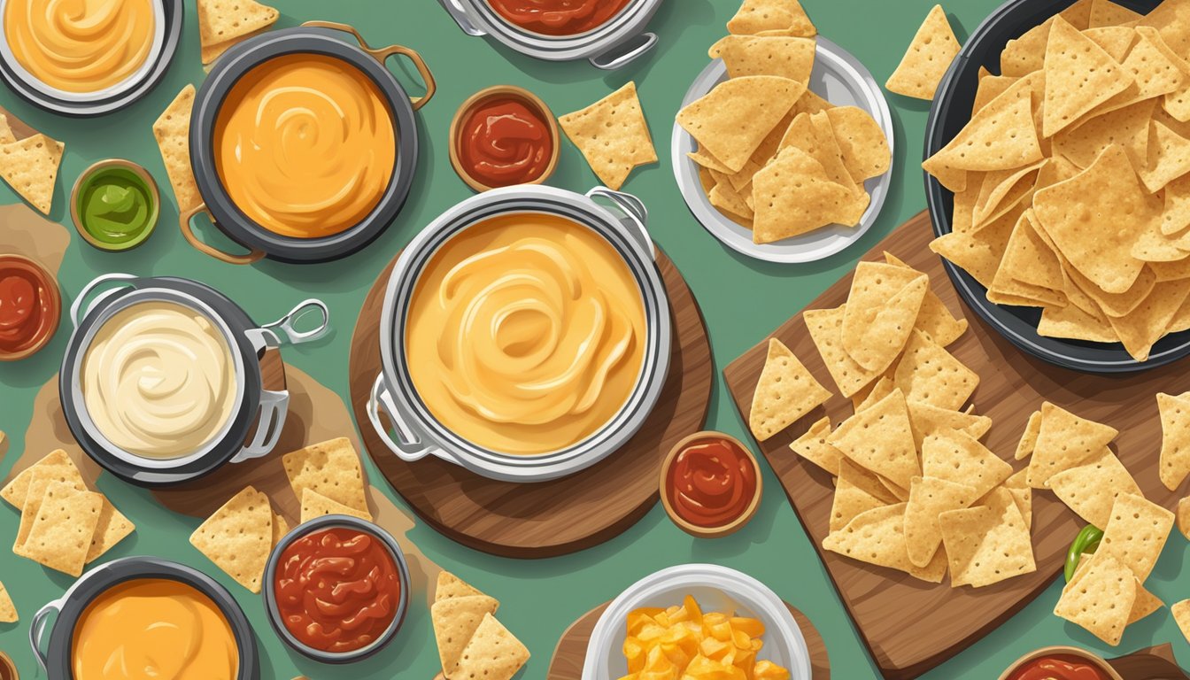 A table with open cans of nacho cheese sauce and jars of queso dip, surrounded by tortilla chips and a bowl of salsa