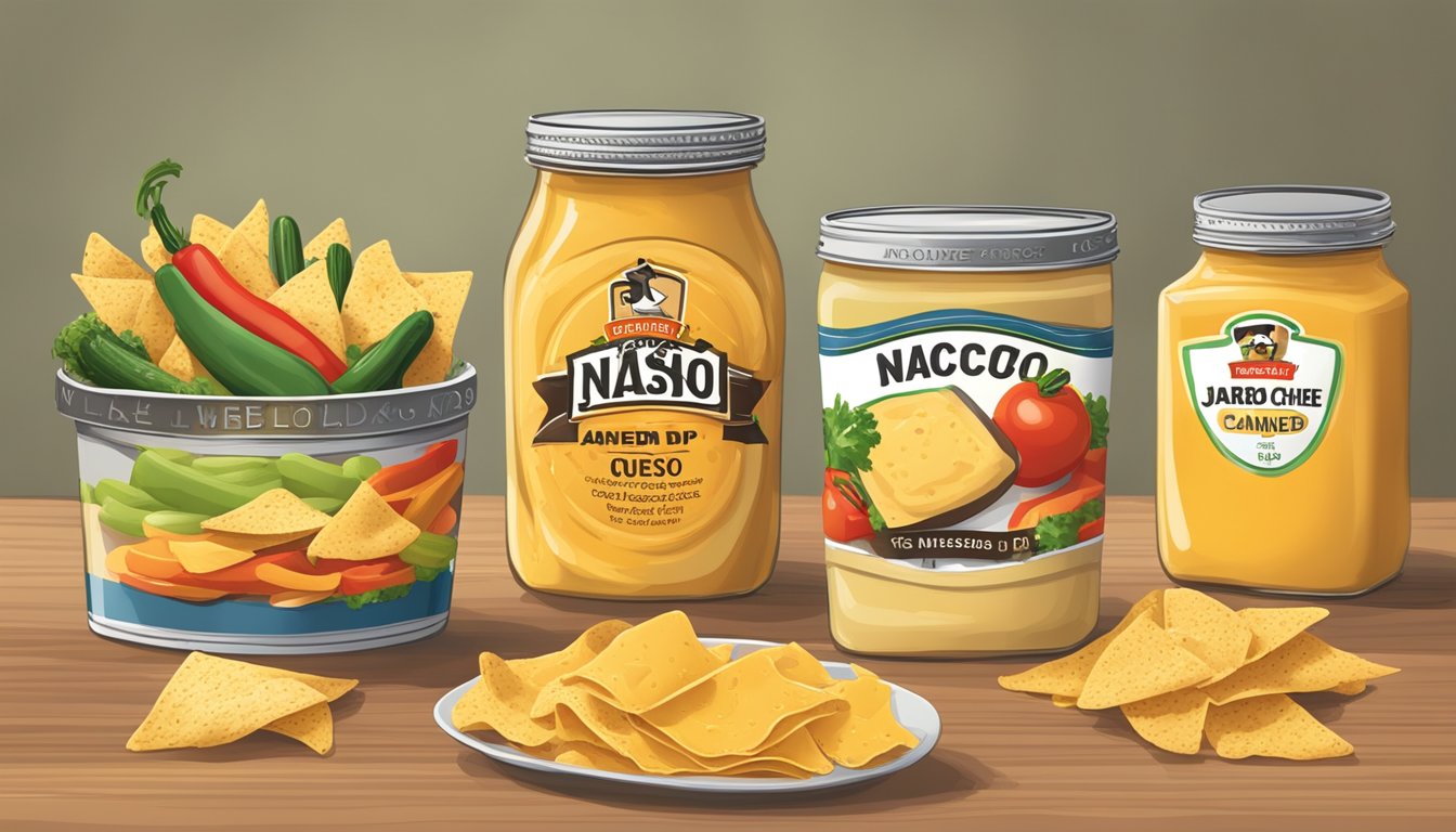 A table with two open containers: one labeled "canned nacho cheese sauce" and the other "jarred queso dip." Chips and vegetables surround the containers