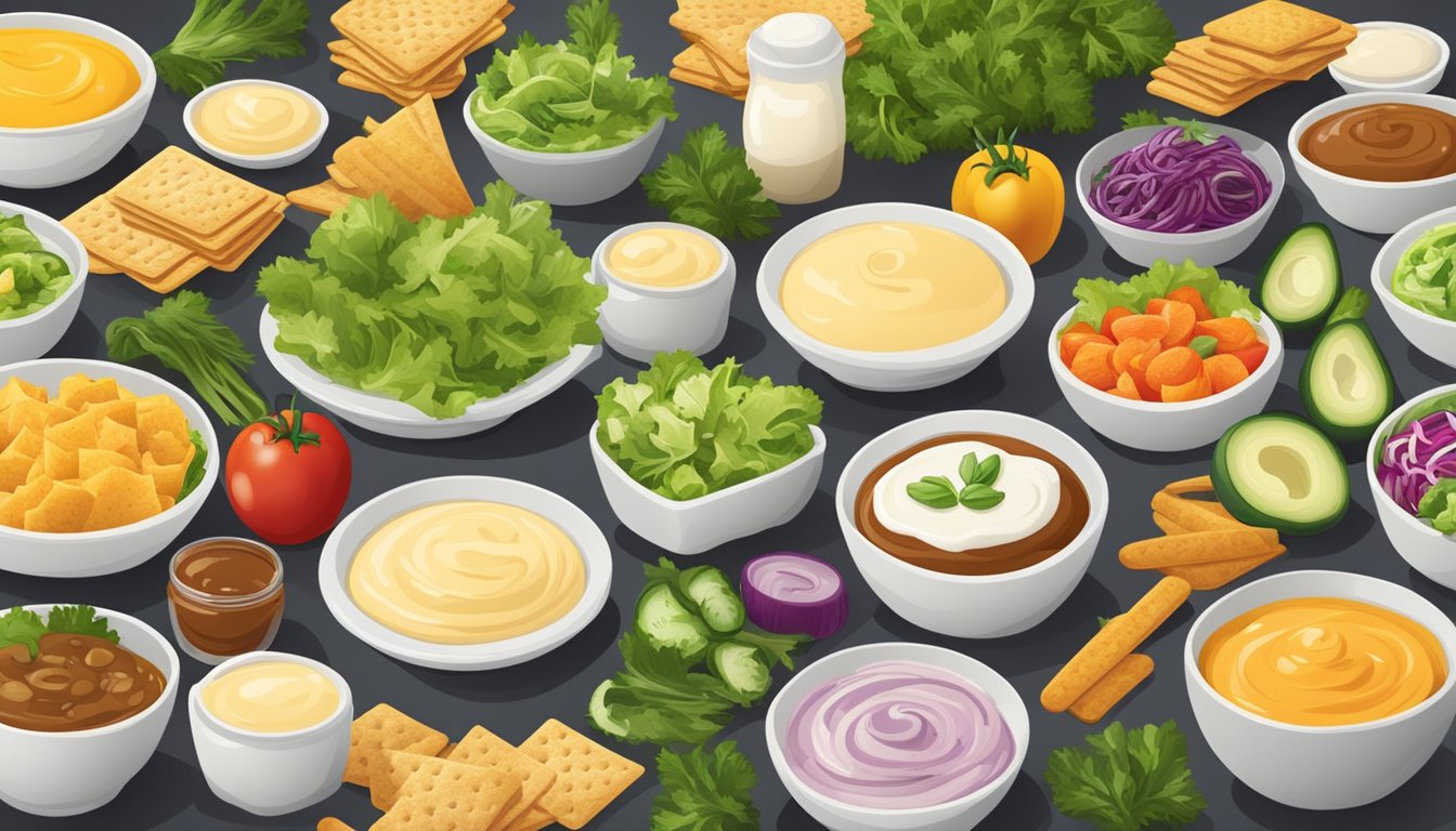 A table set with a variety of salad dressings and mayonnaise-based dips, each with distinct textures and flavors, surrounded by fresh vegetables and crackers for dipping