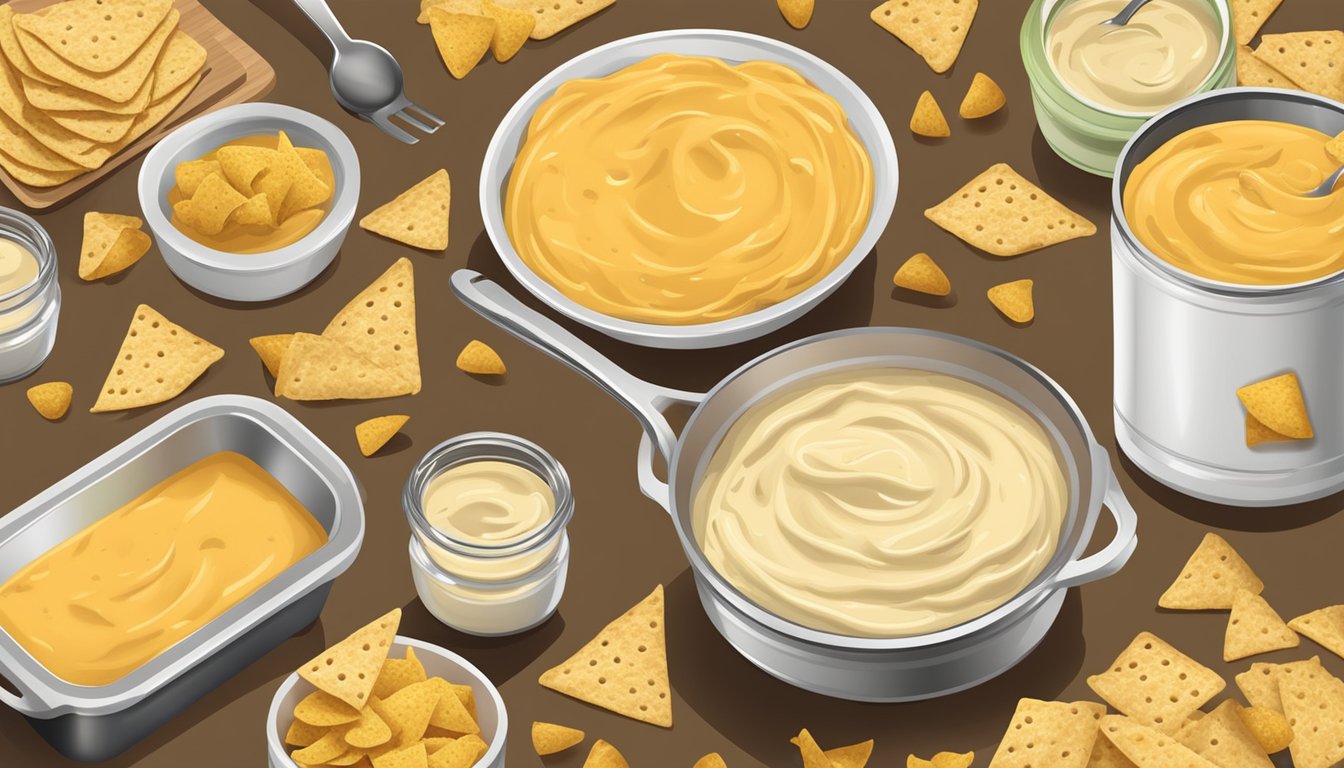 A table with open cans of nacho cheese sauce and jars of queso dip, surrounded by tortilla chips and dipping utensils