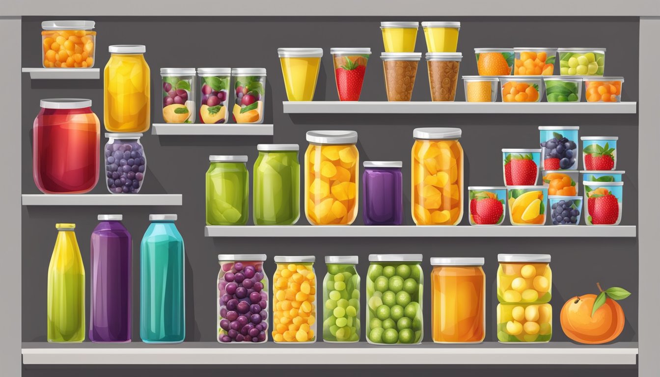 A variety of canned fruits and fruit cups arranged on a shelf, with colorful labels and different sizes of containers