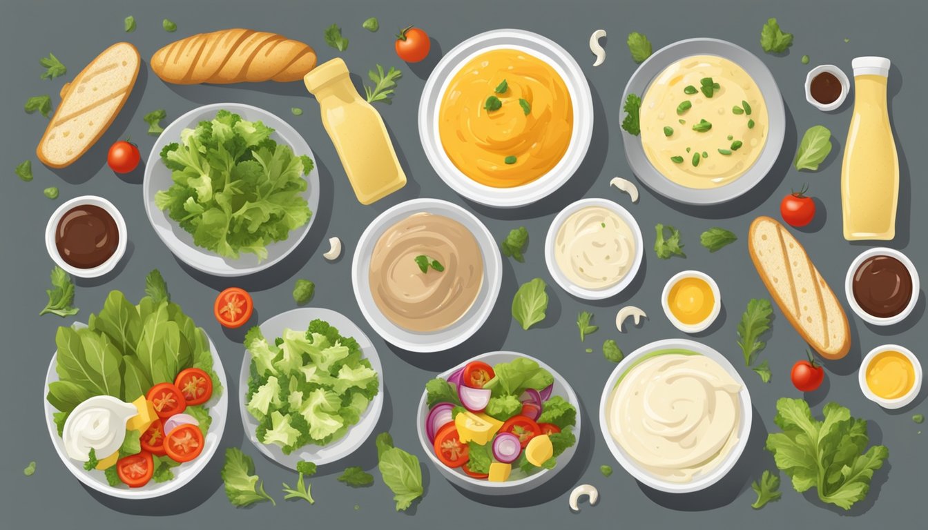 A table with a variety of salad dressings and mayonnaise-based dips in bottles and bowls, surrounded by fresh vegetables and breadsticks