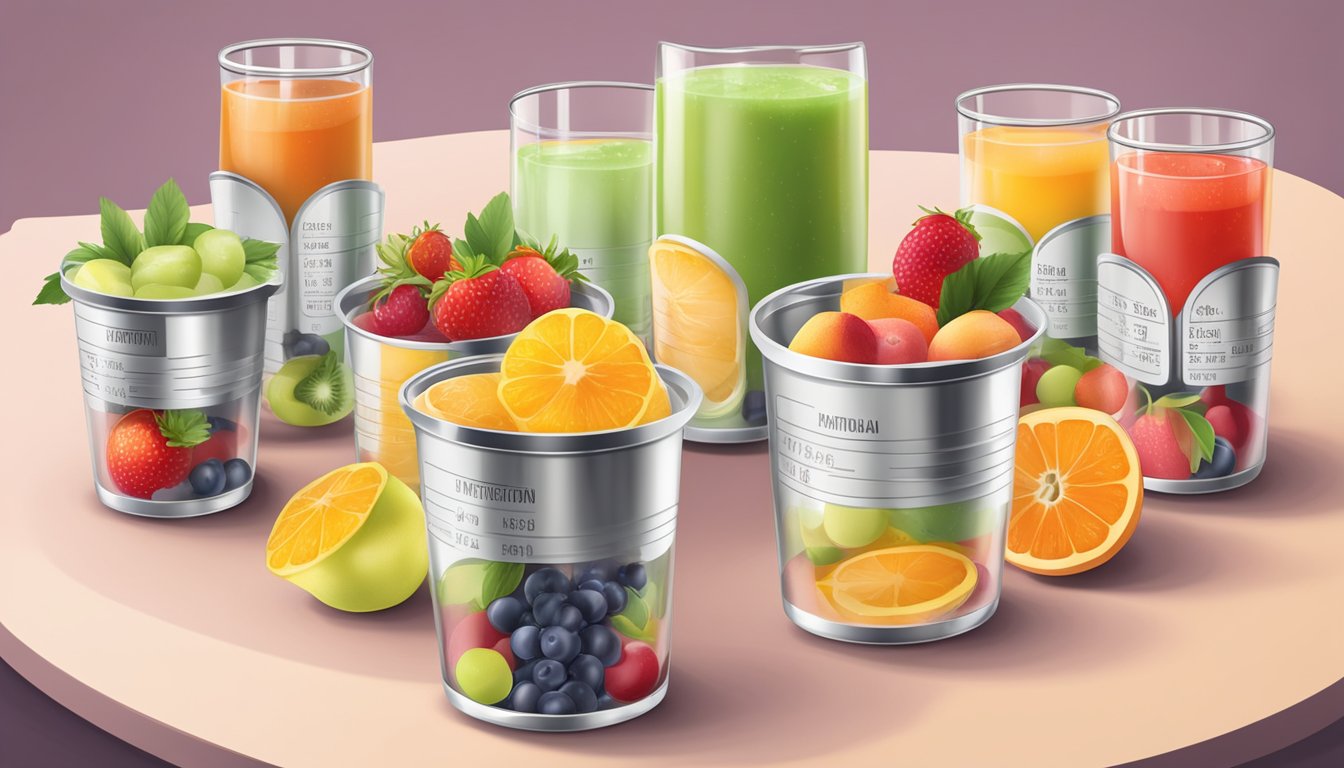 A table with open cans of fruit cocktail and fruit cups in juice, surrounded by measuring cups and nutrition labels