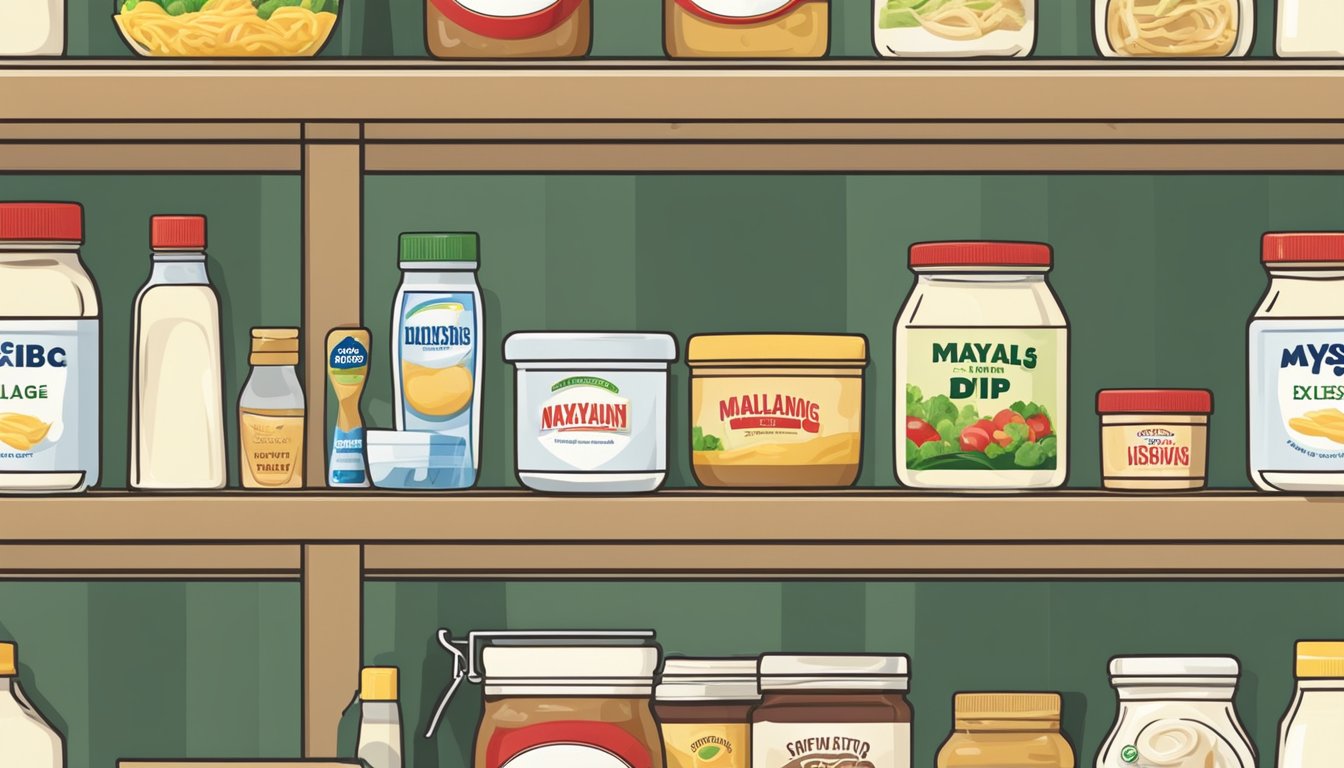 A pantry shelf with a bottle of salad dressing and a jar of mayonnaise-based dip, both showing signs of expiration and spoilage