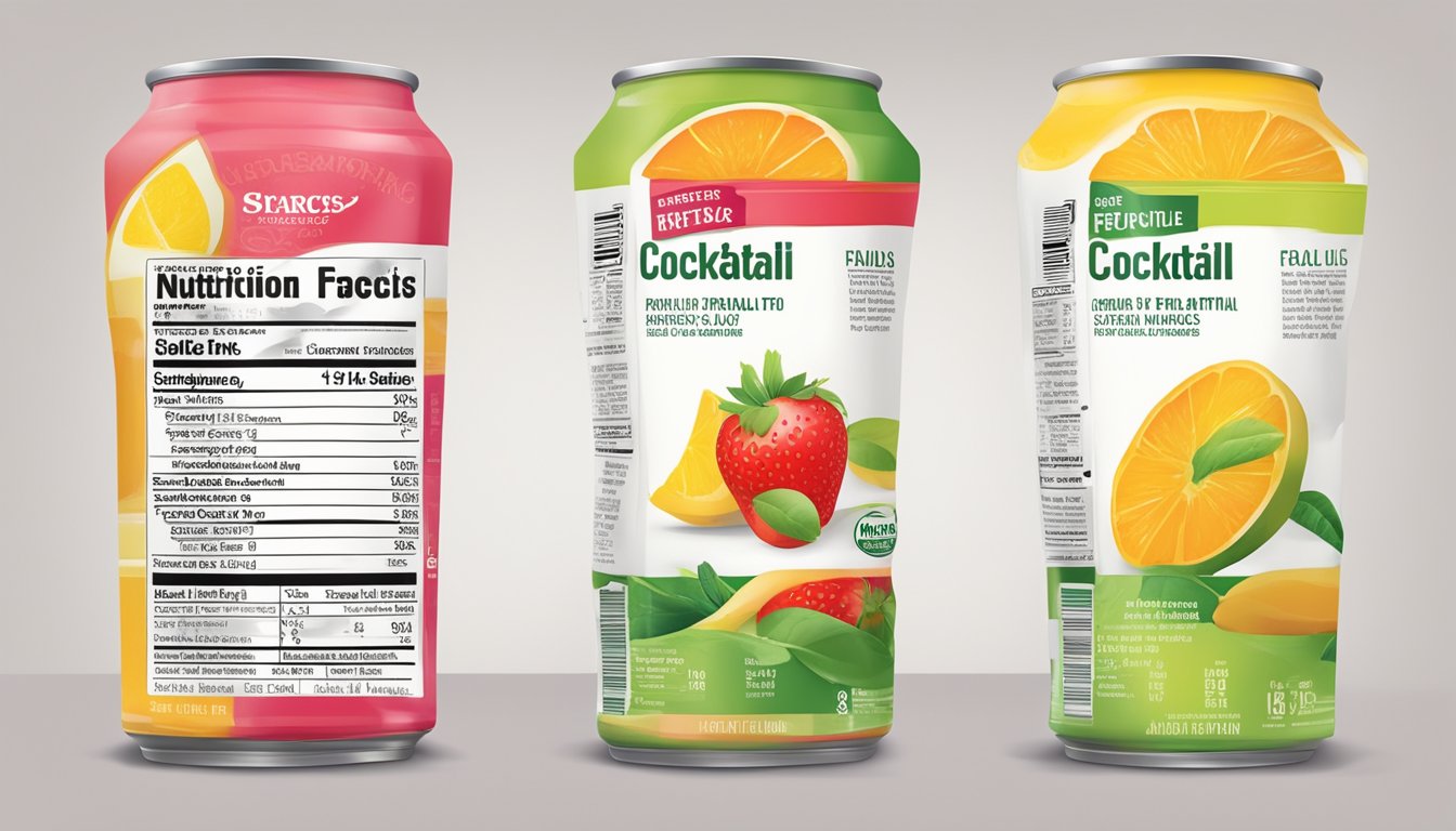 A comparison of canned fruit cocktail and fruit cups in juice, with labels and nutritional information displayed