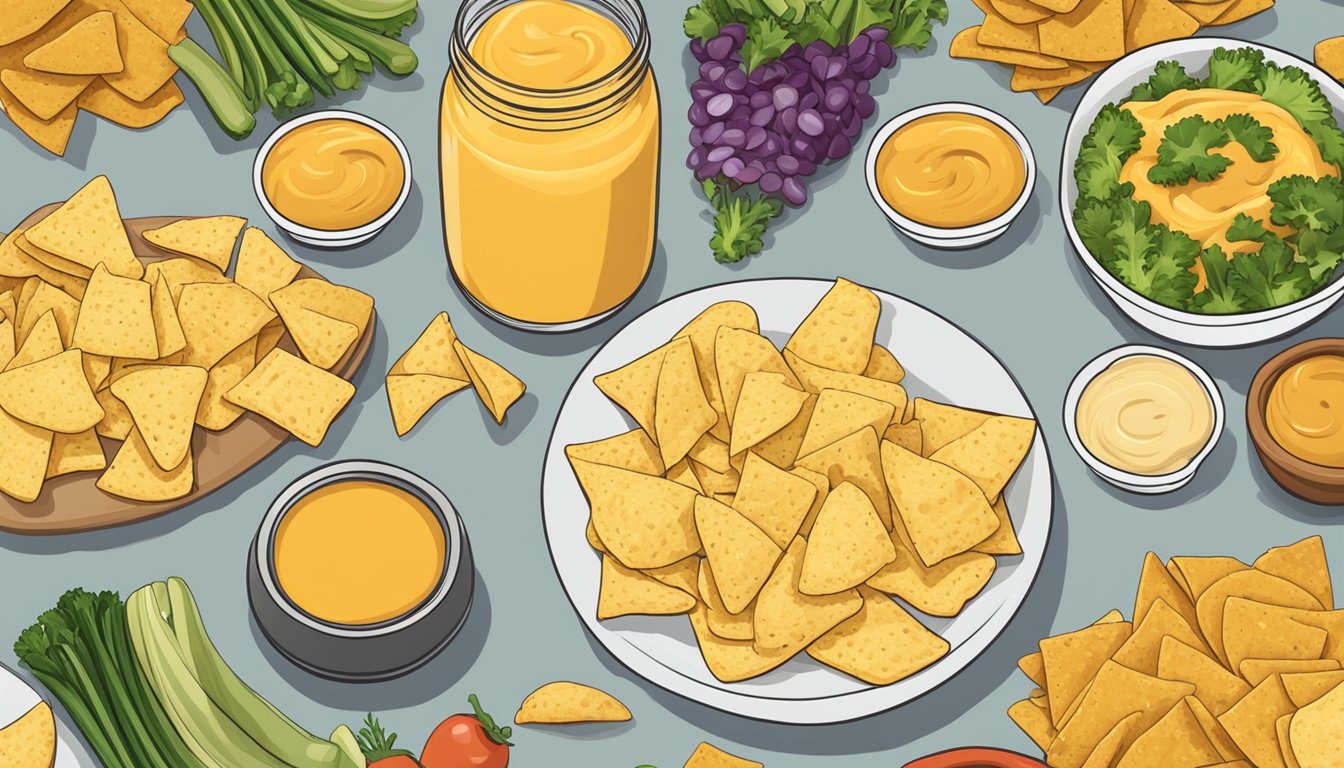 A table with a can of nacho cheese sauce and a jar of queso dip, surrounded by various chips and vegetables for dipping