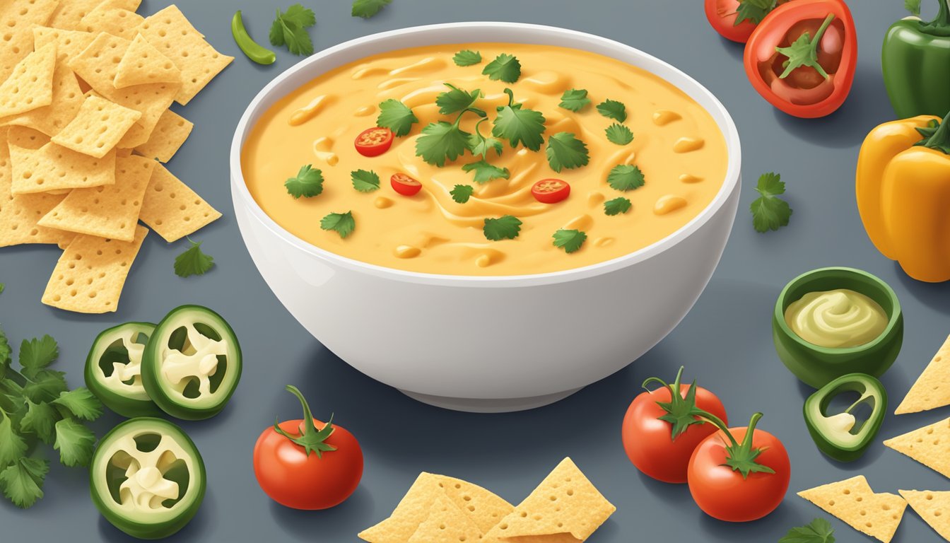 A bowl of nacho cheese sauce and queso dip surrounded by various add-ons like jalapenos, diced tomatoes, and cilantro