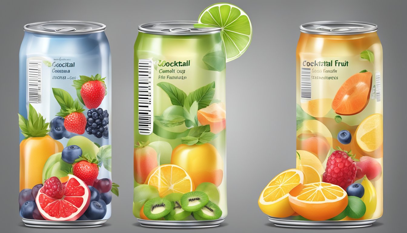 A comparison of canned fruit cocktail and fruit cups in juice, with nutrition labels and various fruits displayed