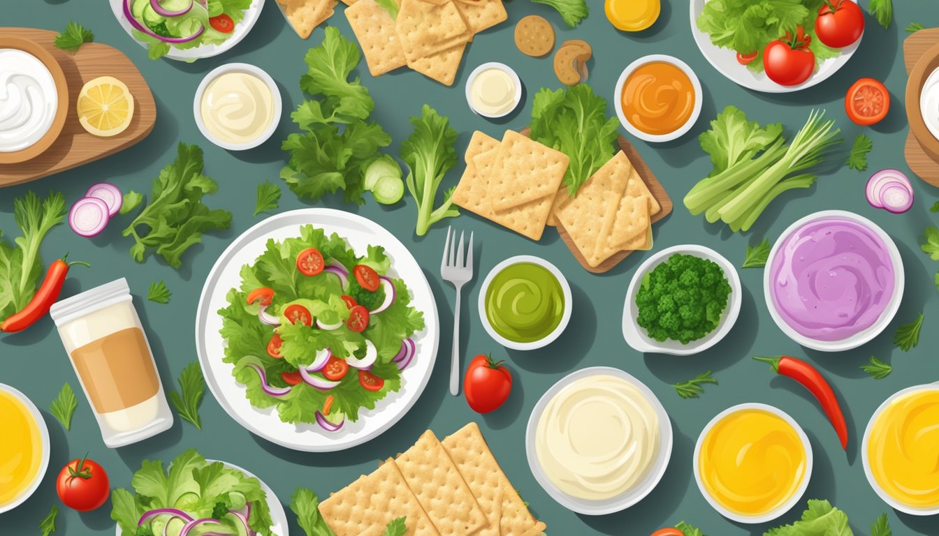 A table with a variety of salad dressings and mayonnaise-based dips, surrounded by fresh vegetables and crackers