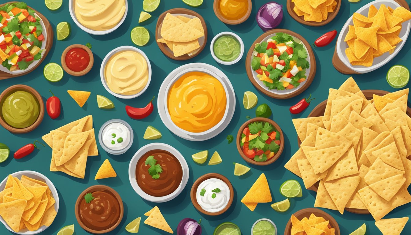 A table set with a variety of nacho ingredients, including a can of cheese sauce and a jar of queso dip, surrounded by colorful tortilla chips and garnishes