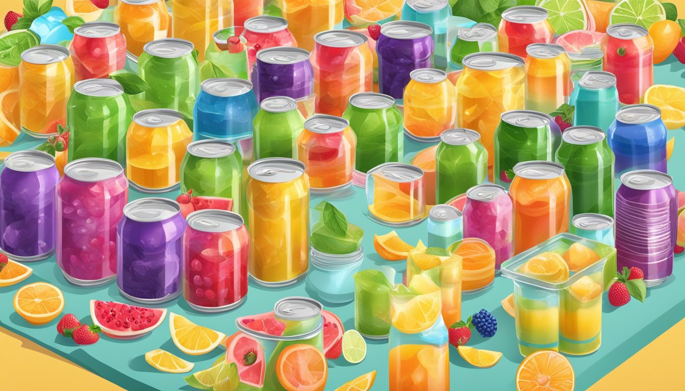 A comparison of canned fruit cocktail and fruit cups in juice, surrounded by various types of packaging materials and symbols