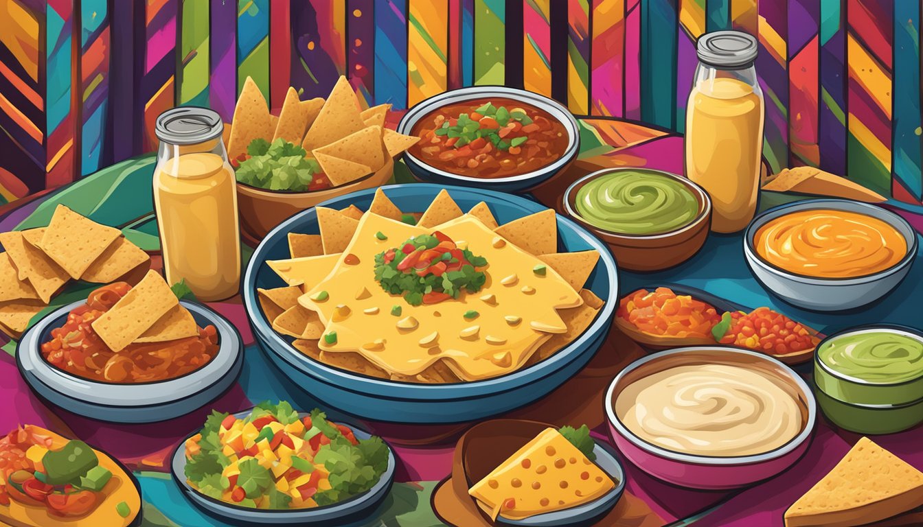 A table set with a variety of nacho toppings, including a can of cheese sauce and a jar of queso dip, surrounded by colorful cultural decorations