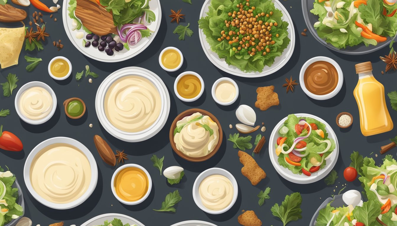 A table set with various bottles of salad dressing and bowls of mayonnaise-based dips, surrounded by different cultural foods and spices