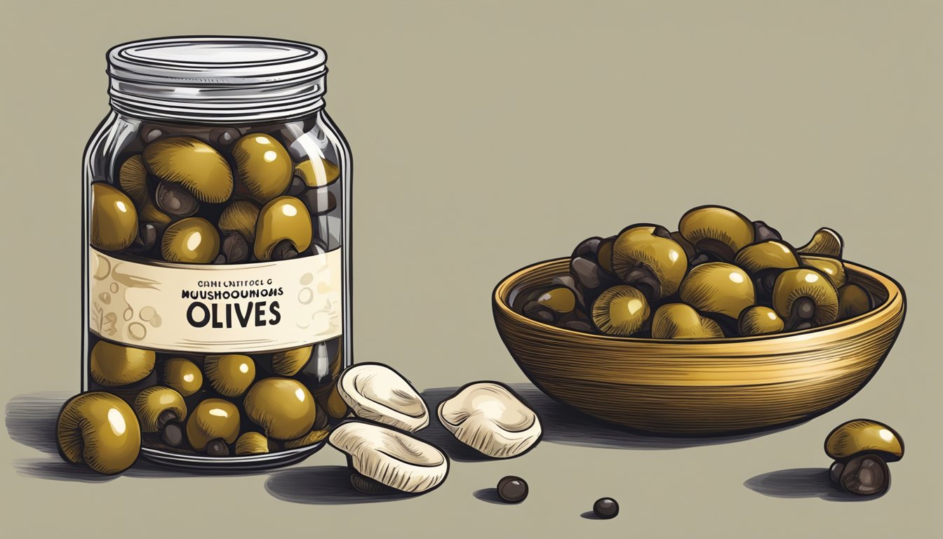 A table with a can of mushrooms and a jar of olives, both open and partially empty