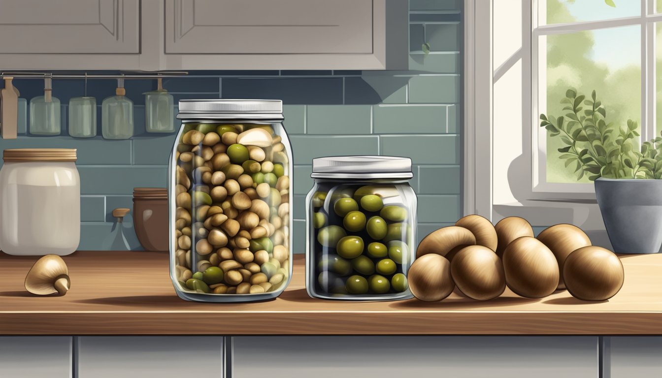 A can of mushrooms and a jar of olives sit side by side on a kitchen counter