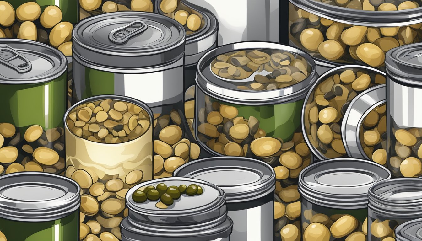 A table with an array of canned mushrooms and jarred olives, surrounded by labels and packaging