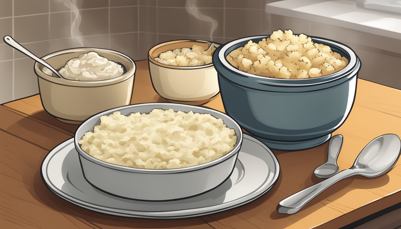 A table set with a steaming dish of packaged stuffing mix next to a bowl of instant mashed potatoes