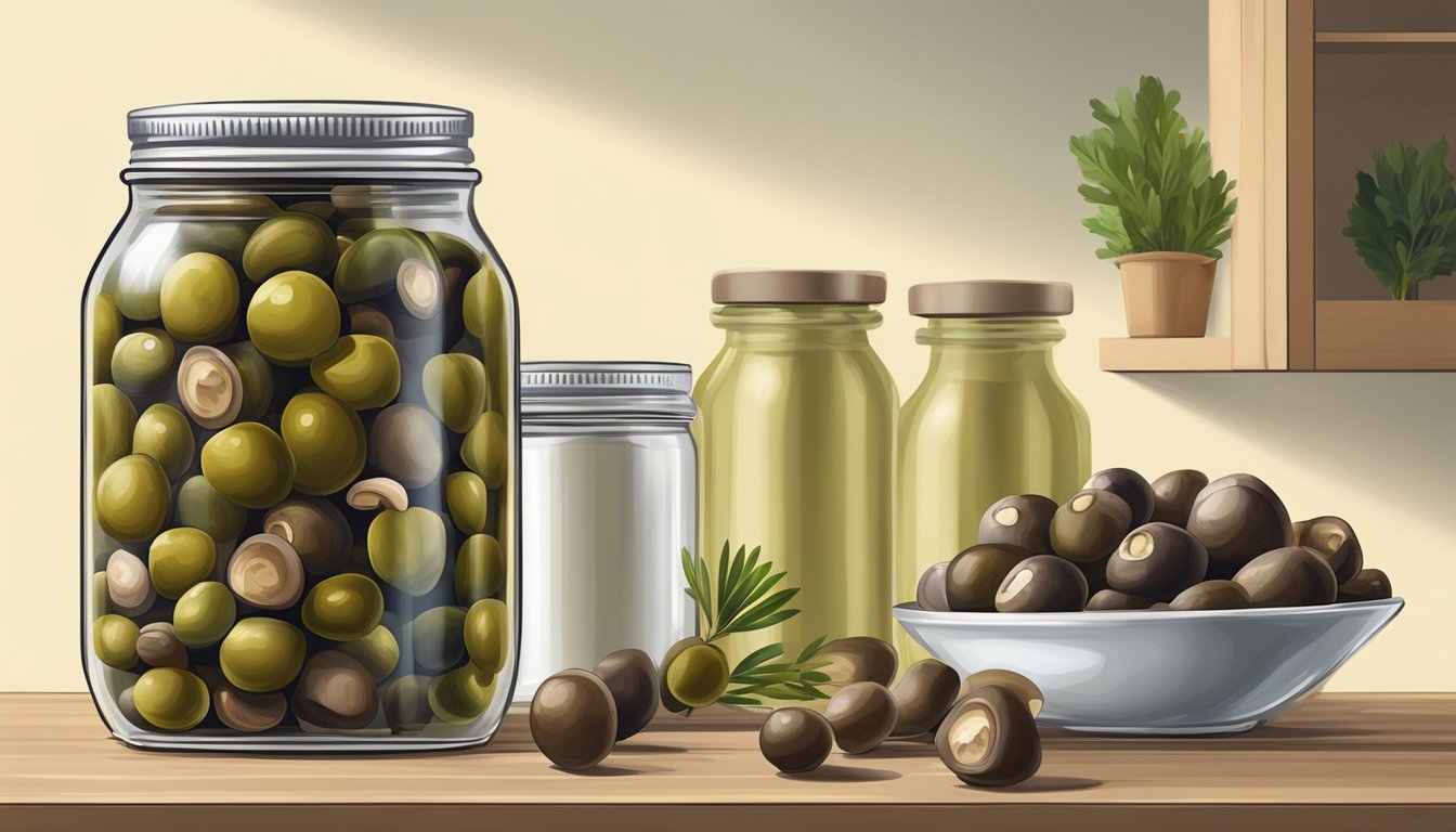 A can of mushrooms and a jar of olives on a kitchen counter