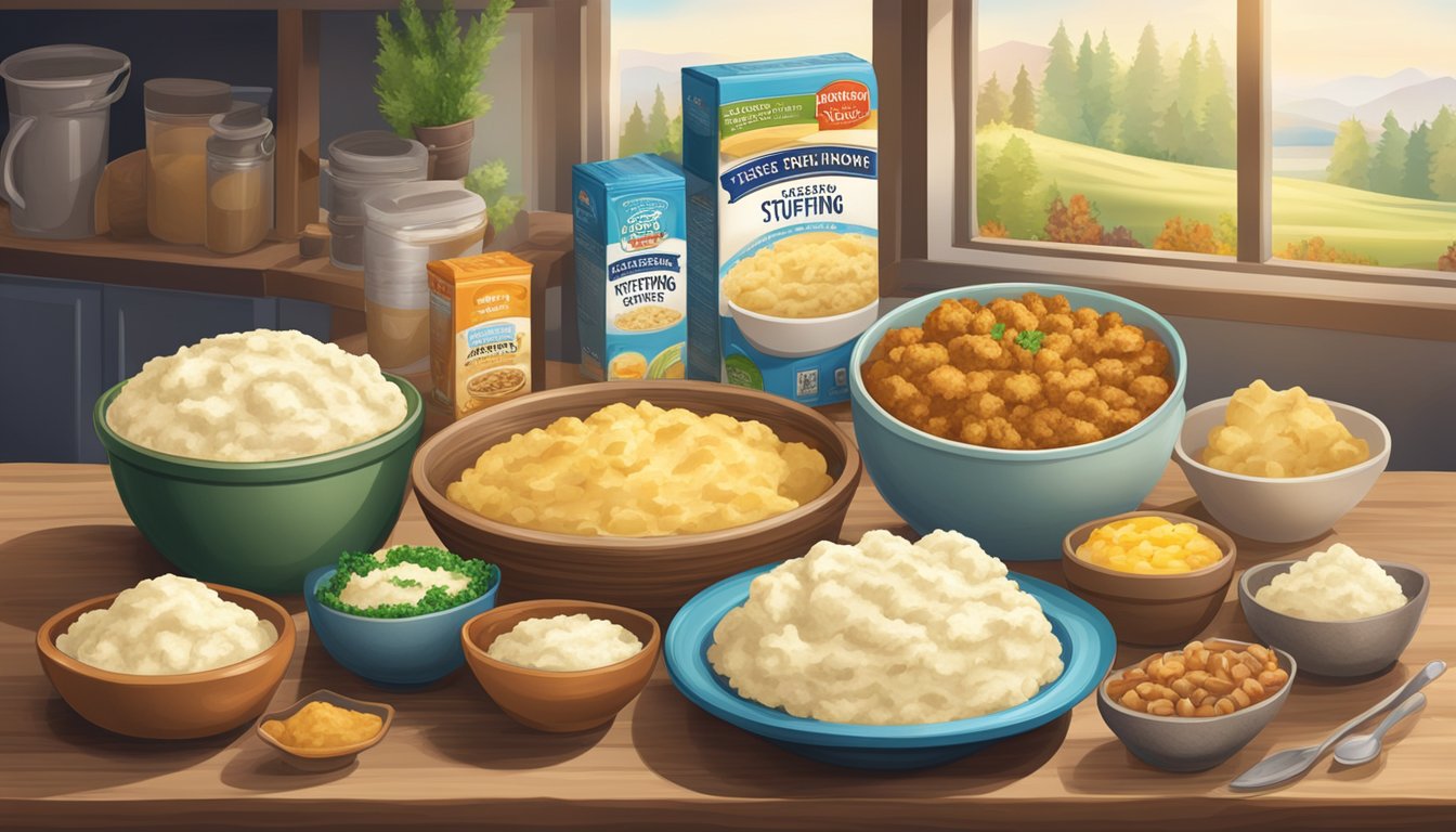 A table set with a box of packaged stuffing mix and a bowl of instant mashed potatoes, surrounded by various fresh and packaged food items