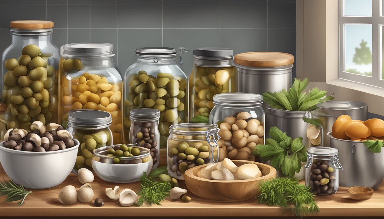 A kitchen counter with open cans of mushrooms and jars of olives, surrounded by scattered utensils and ingredients