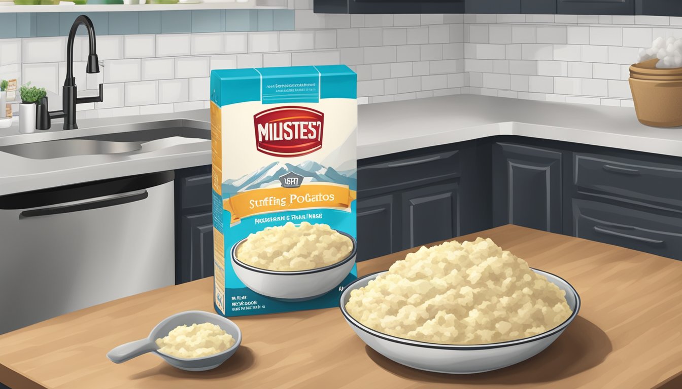 A kitchen counter with a box of packaged stuffing mix next to a bowl of instant mashed potatoes