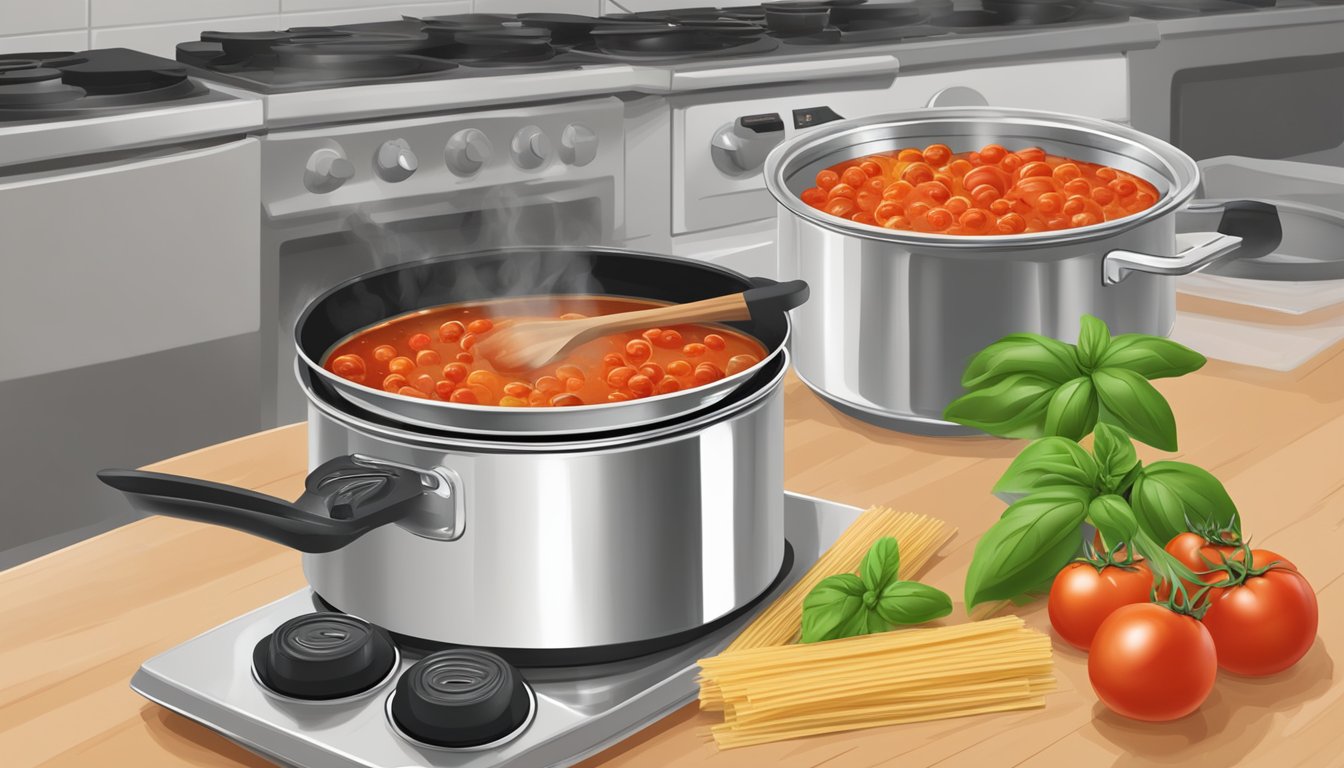 A simmering pot of canned pasta sauce bubbles on a stovetop, surrounded by fresh tomatoes, garlic, and basil