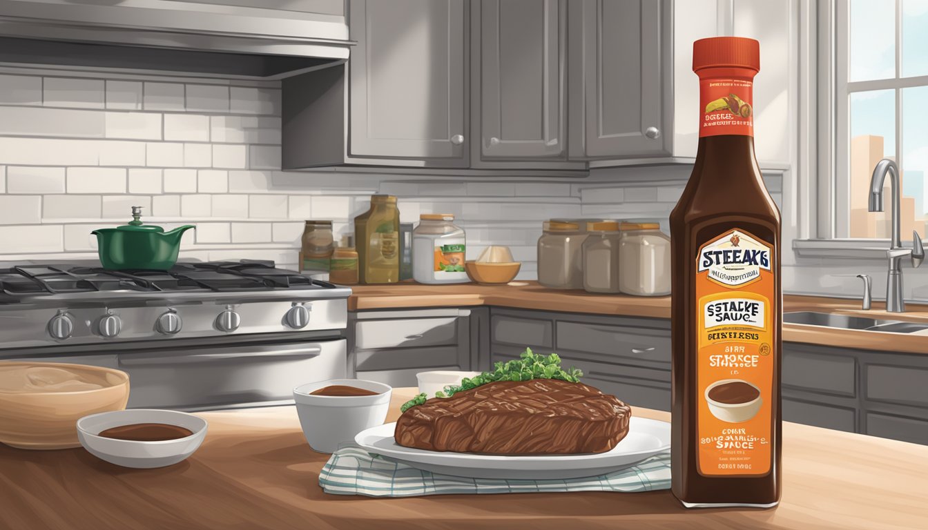 A bottle of steak sauce sits next to a packaged gravy mix on a kitchen counter