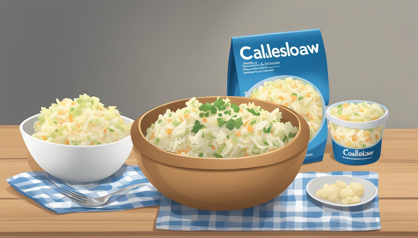 A table with a bowl of packaged coleslaw next to a bowl of potato salad, with a nutrition label next to each