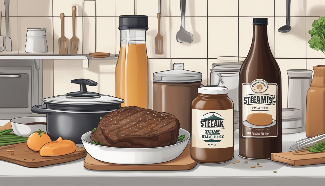 A bottle of steak sauce and a package of gravy mix sitting on a kitchen counter, surrounded by various cooking utensils and ingredients