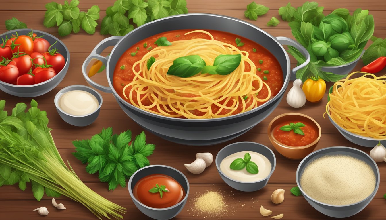 A table with open cans of pasta sauce and sachets of powdered sauce mix, surrounded by various fresh vegetables and herbs