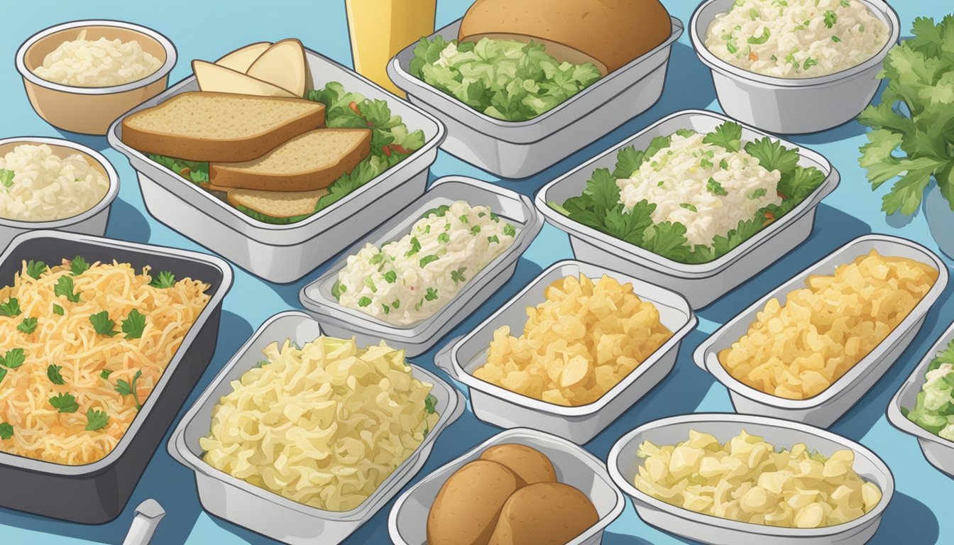 A picnic table with a spread of packaged coleslaw and potato salad in plastic containers, surrounded by a variety of other picnic foods