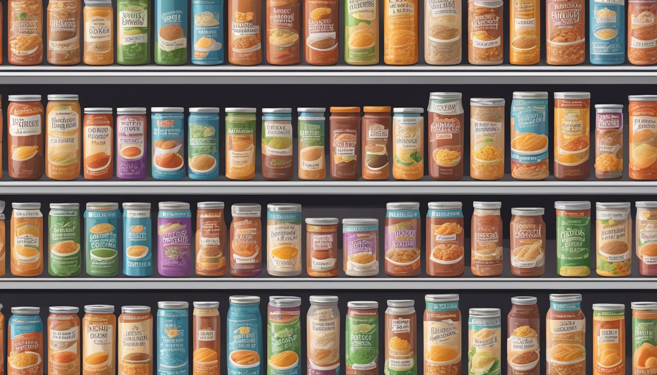 A crowded grocery store shelf with rows of canned pasta sauce and powdered sauce mix, each labeled with prices and nutrition information