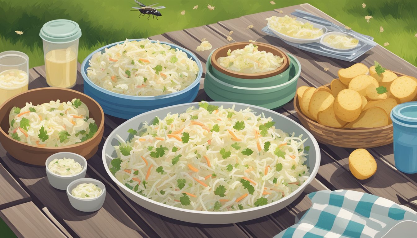 A picnic table with a divided platter of packaged coleslaw and potato salad, surrounded by buzzing flies