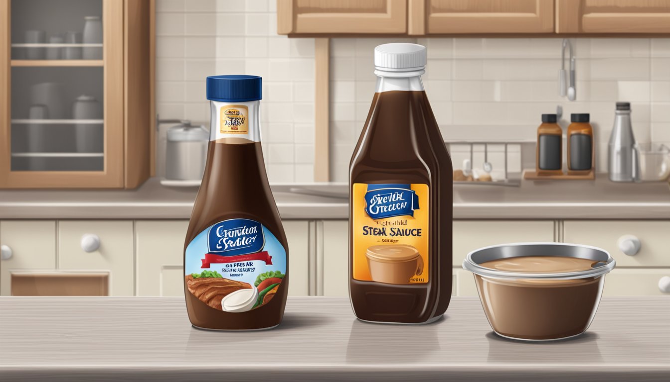 A bottle of steak sauce and a package of gravy mix on a kitchen counter