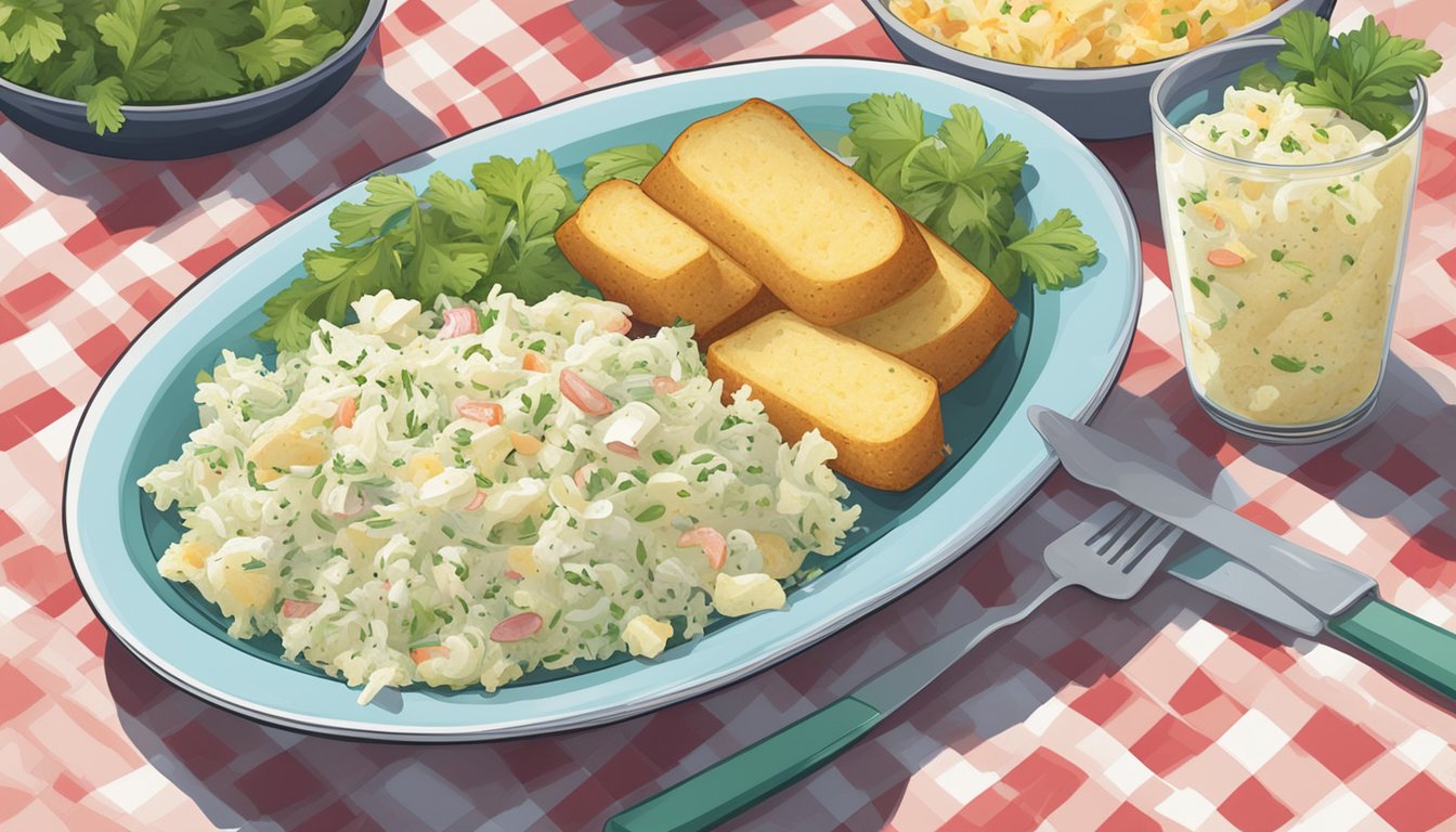 A picnic table with a plate of packaged coleslaw next to a bowl of potato salad, surrounded by flies