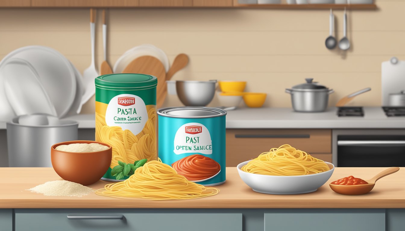 A kitchen counter with open cans of pasta sauce and packets of powdered sauce mix. A pot and wooden spoon sit nearby