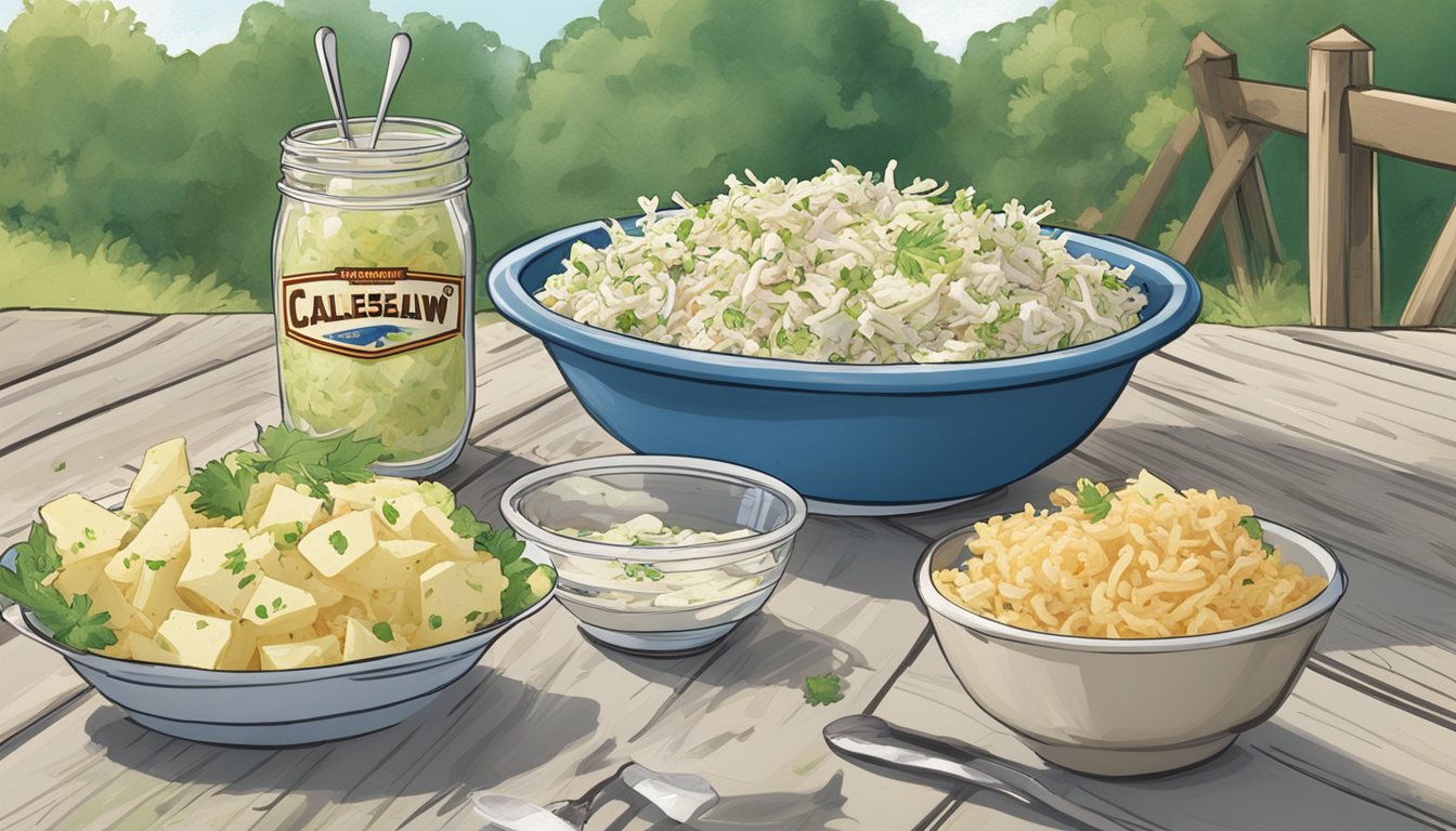 A picnic table with a bowl of packaged coleslaw and a bowl of potato salad, surrounded by flies and with a "best by" date long past