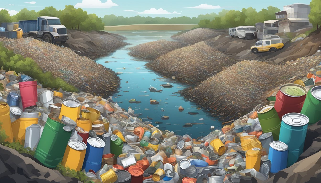 A crowded landfill with discarded cans and packaging, surrounded by polluted water and dying vegetation