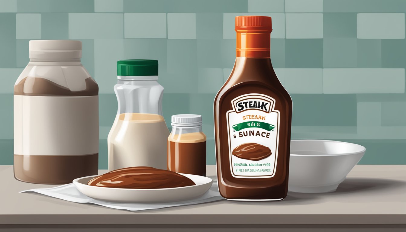 A bottle of steak sauce and a packet of gravy mix on a kitchen counter